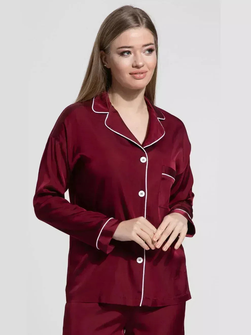 FawaQa | 2 Piece Shirt Trouser Silk Night Suit - MEHROON - FawaQa